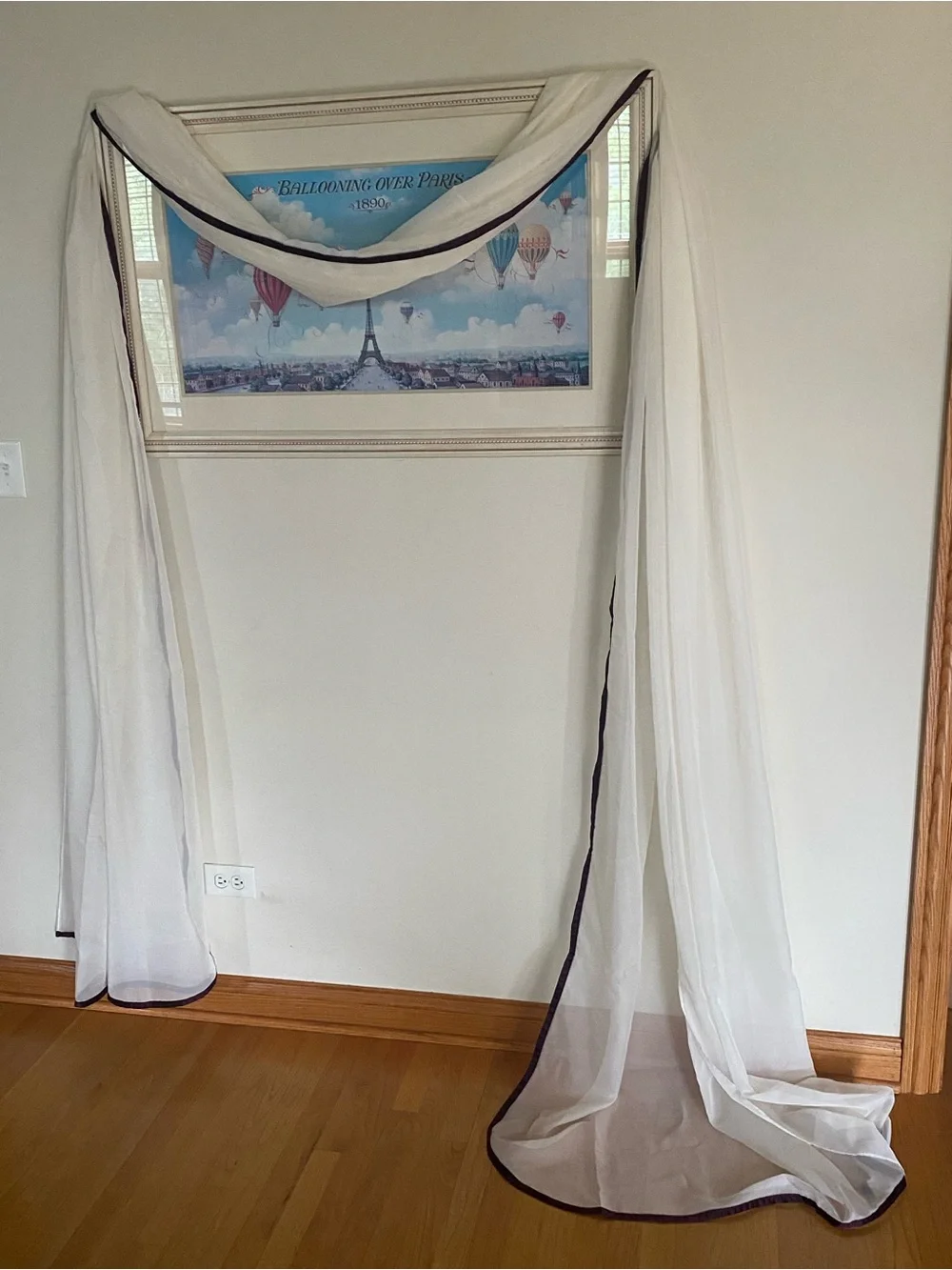Sheer Window Scarf Valance Off White Eggplant Satin Edge 57x216 Curtain Panel
